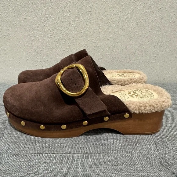 Vince Camuto Canzenee Chocolate Suede Mules with Gold Buckle - Picture 4 of 10